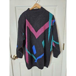 Vintage French Navy Multi Color Knit Ribbed Long Sleeve Sweater Size Large USA